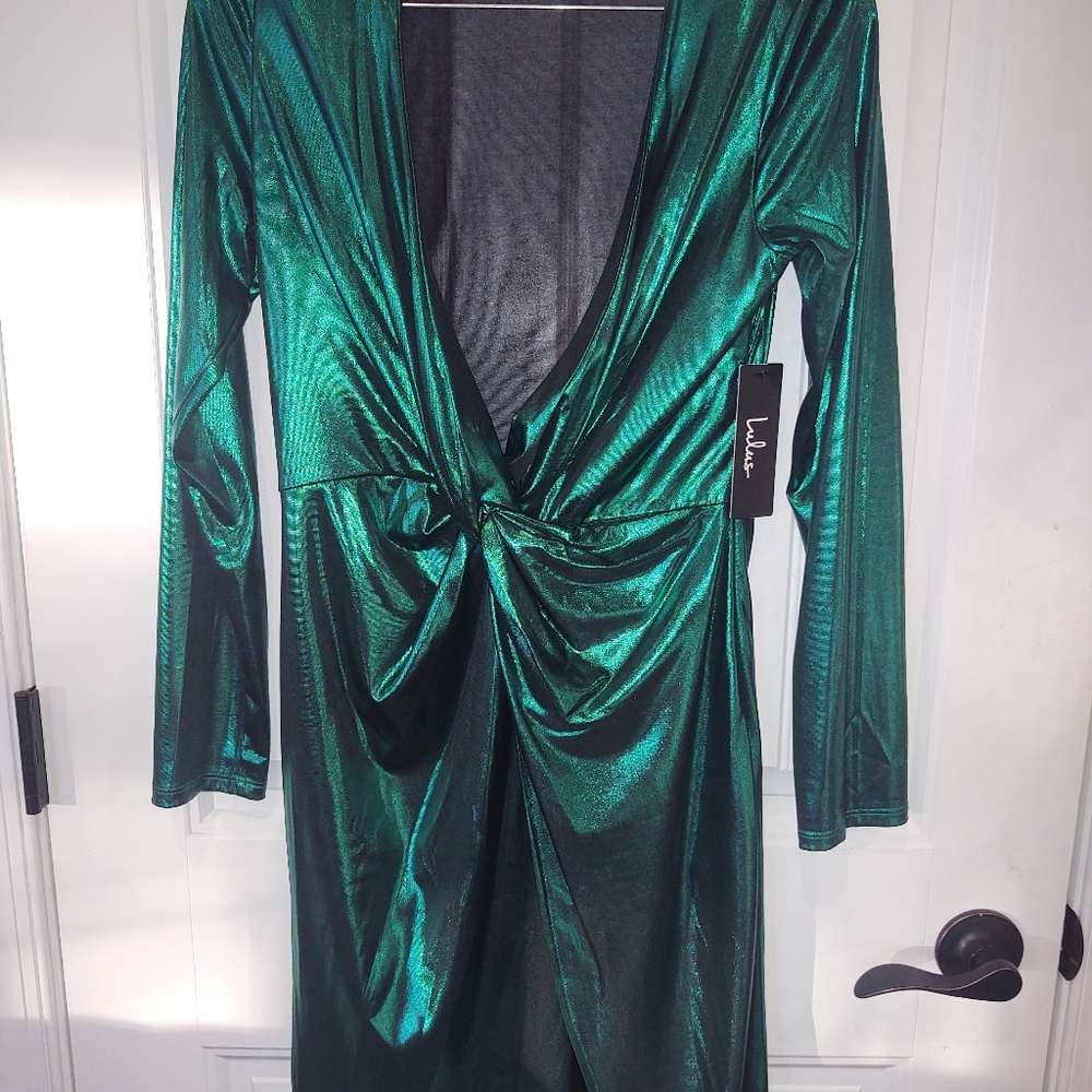Lulu's Metallic Green Dress - Picture 3 of 6